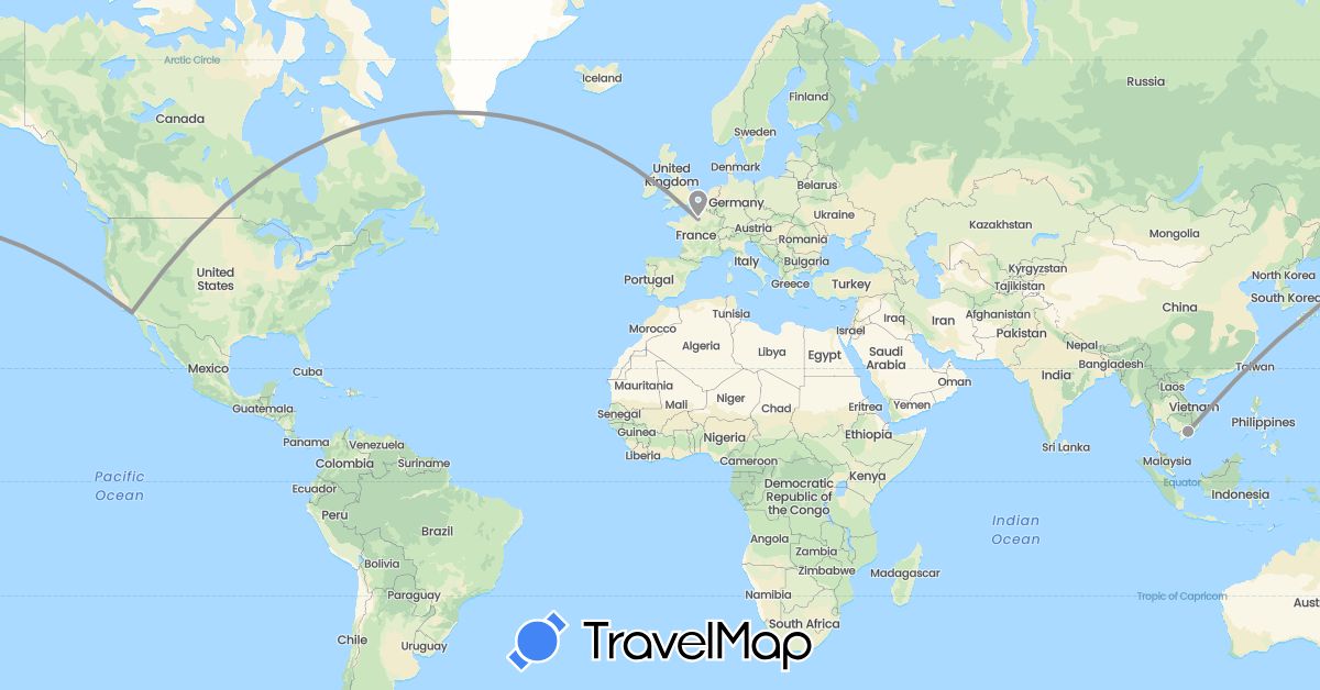 TravelMap itinerary: driving, plane in France, United States, Vietnam (Asia, Europe, North America)